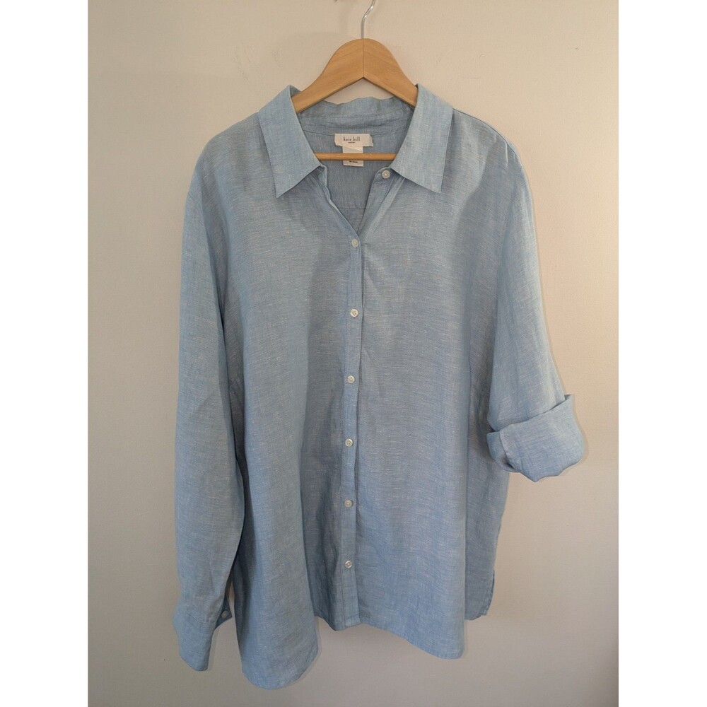 Kate Hill 100% Linen Button-Up S 3X Shirt Roll Tab Blue Minimalist Coastal WMNs